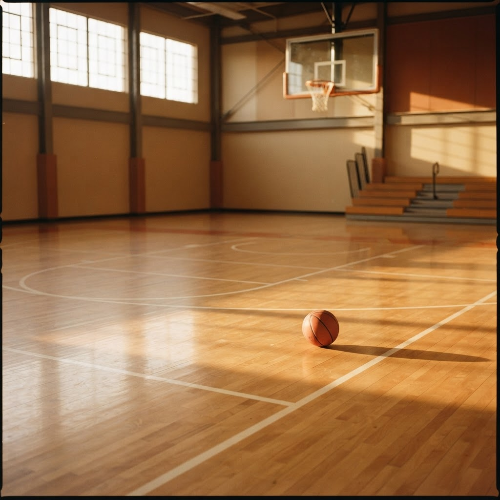 Binnensportzaal met een basketbalveld, ring en bal in warm middaglicht